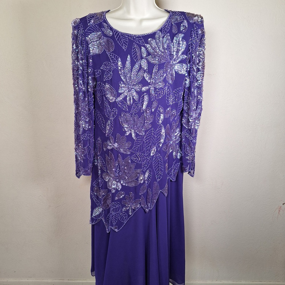 Jack Bryan Vintage Purple Sequin Chiffon 80s Formal Party Dress Asymmetrical 14
